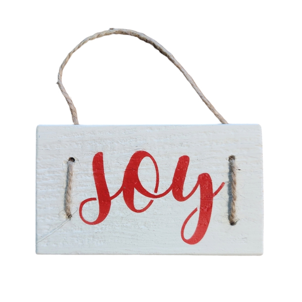 Joy Boho Retro Antique White Hanging Wood Wall Sign with Jute hanging String